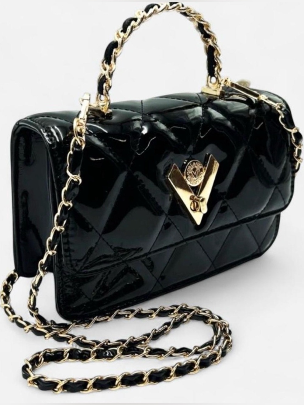 Valentino Orlandi Black Patent Quilted Mini Top-Handle Bag with Gold Hardware - Picture 4 of 6